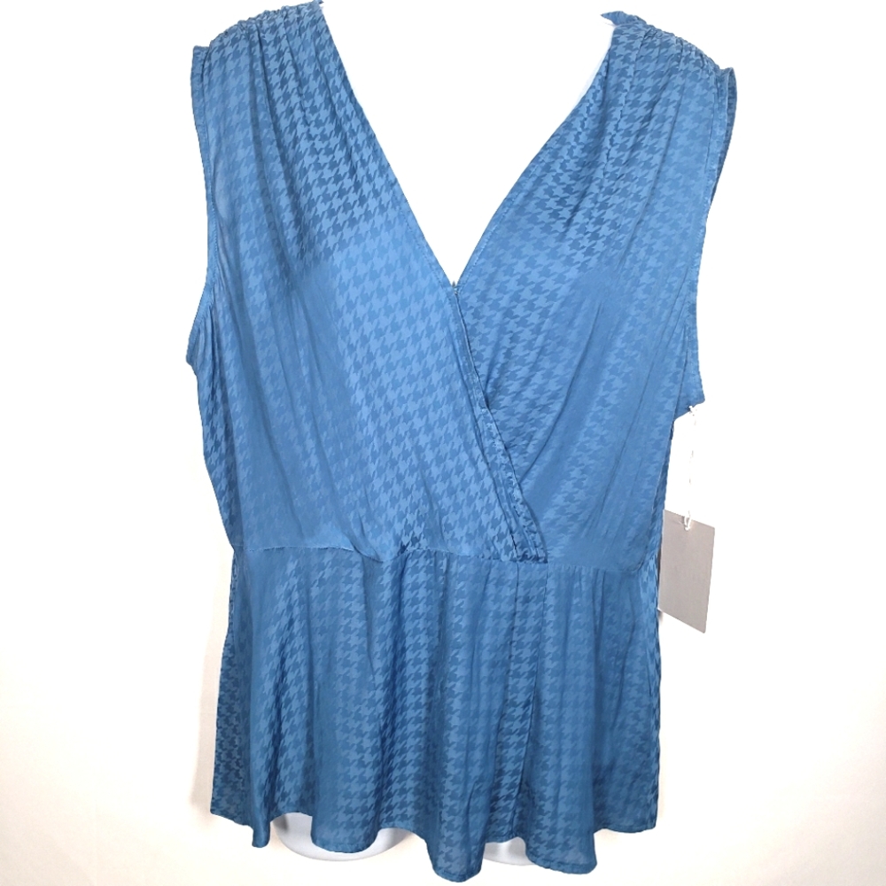 Chelsea28 Houndstooth Blue Short Sleeve Flowy Blouse Size Extra Large